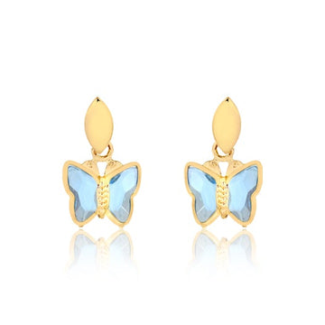 18K Gold Layered Oro Laminado Butterfly Shape Design with Blue Topaz Acrylic, Dangle Kids Earrings 21.0048/6